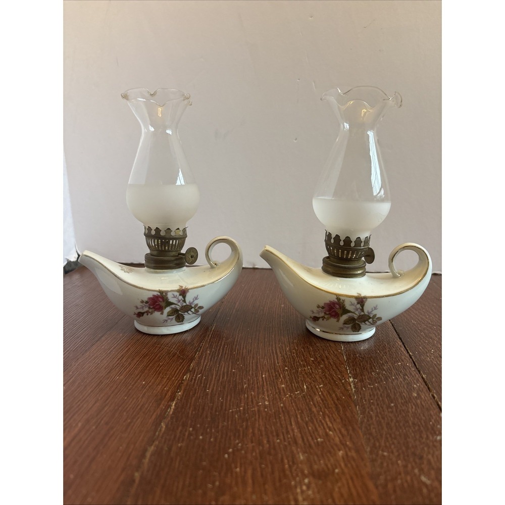 Vintage Porcelain Oil Lamps Set Of 2 Made‎ In Japan Cottagecore Rose Finger Hold